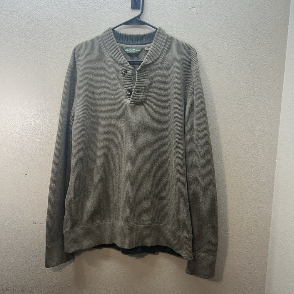 Vintage Eddie Bauer Sweater Mens XL Brown Ribbed Chunky Shawl Collar Henley‎